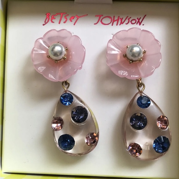 Betsey Johnson Enchanted Garden Flower & Teardrop Drop Earrings Crystal NIB - Picture 2 of 10